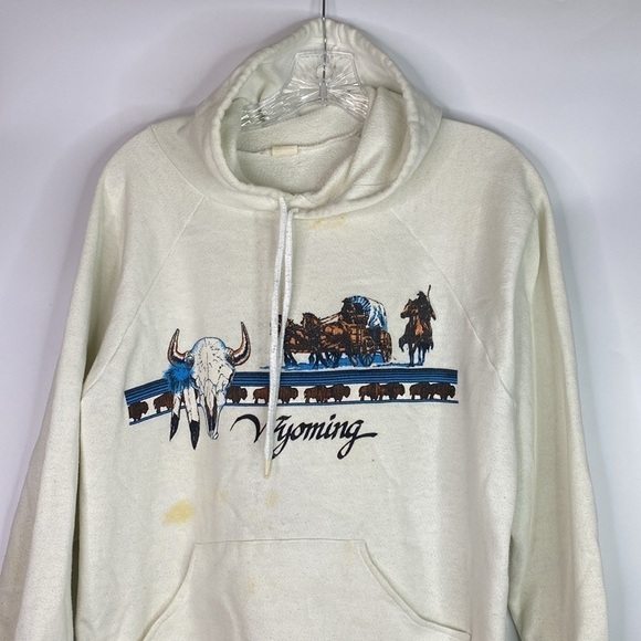 Vintage Wyoming White Hooded Sweatshirt Grunge Bison XL - Picture 2 of 8